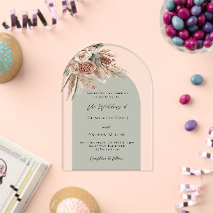Invitations En Acrylique Roses beige vert sauge pampas arche claire mariage