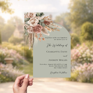 Invitations En Acrylique Roses beiges herbe de la pampa vert sauge arche cl