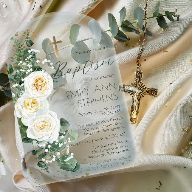 Invitations En Acrylique Roses Blanches Élégantes Eucalyptus Fleur Fille Ba (Elegant White Roses Eucalyptus Floral Girl Baptism Acrylic Invitations)