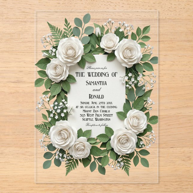 Invitations En Acrylique Roses blanches et Gypsophile Acrylique Mariage (Recto)