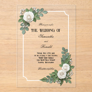 Invitations En Acrylique Roses blanches et Gypsophile Acrylique Mariage