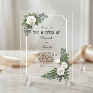 Invitations En Acrylique Roses blanches et Gypsophile Acrylique Mariage