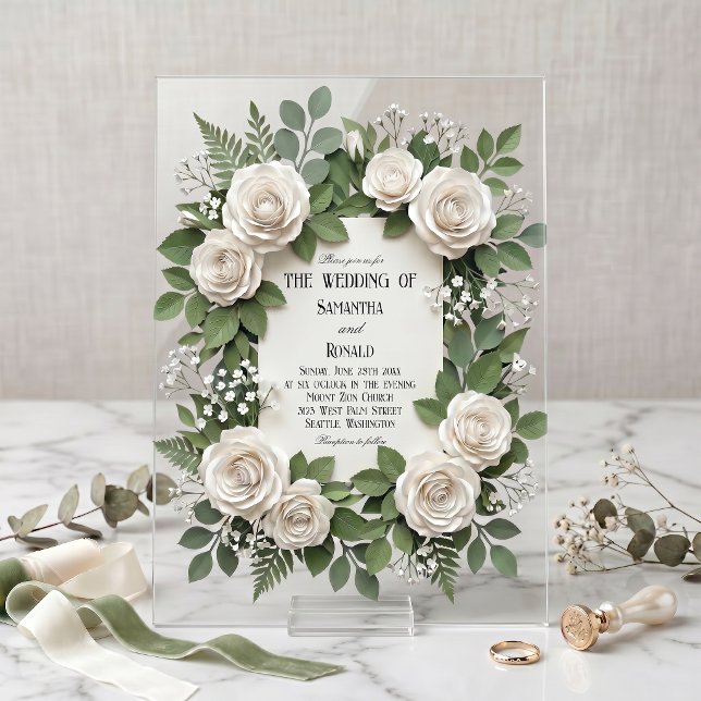 Invitations En Acrylique Roses blanches et Gypsophile Acrylique Mariage (Créateur téléchargé)