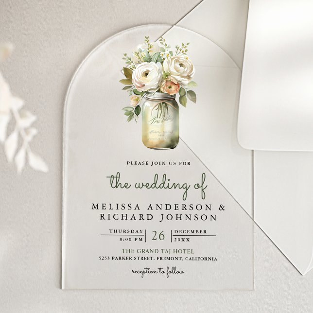 Invitations En Acrylique Roses Blanches Feuilles de Sauge Pot de Mariage en (Créateur téléchargé)