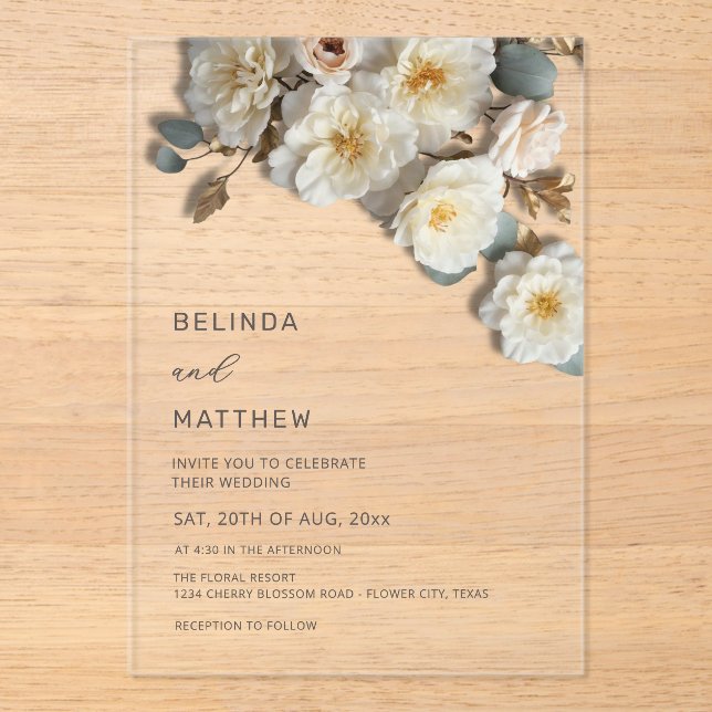 Invitations En Acrylique Roses blanches Fleurs 3D Élégant Mariage Blanc (Recto)