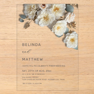 Invitations En Acrylique Roses blanches Fleurs 3D Élégant Mariage Blanc