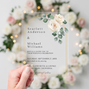Invitations En Acrylique Roses blanches Mariage Floral Romantique de Printe