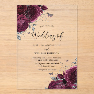 Invitations En Acrylique Roses Bourgogne Maroon Avec Mariage Élégant Argent