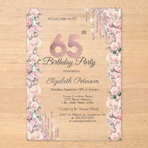 Invitations En Acrylique Roses Cadre Gouttes Rose Gold 65e Anniversaire