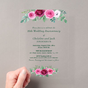 Invitations En Acrylique Roses de Bourgogne à l'aquarelle pour les 25 ans d