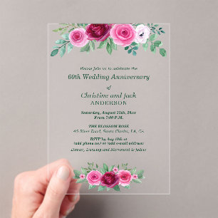 Invitations En Acrylique Roses de Bourgogne à l'aquarelle pour les 60 ans d