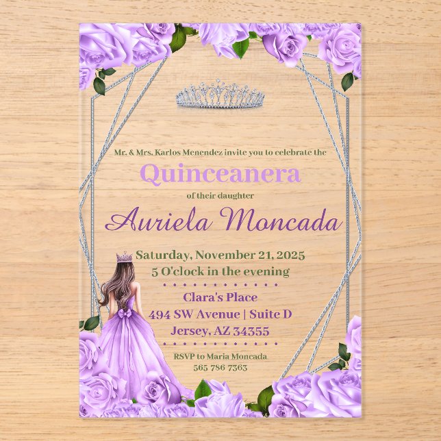 Invitations En Acrylique Roses de lavande Quinceanera (Recto)