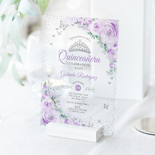 Invitations En Acrylique Roses de Quinceanera aquarelle florale violette