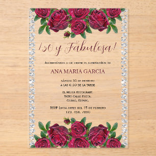 Invitations En Acrylique Roses & Diamonds Féminin 50e Anniversaire Espagnol