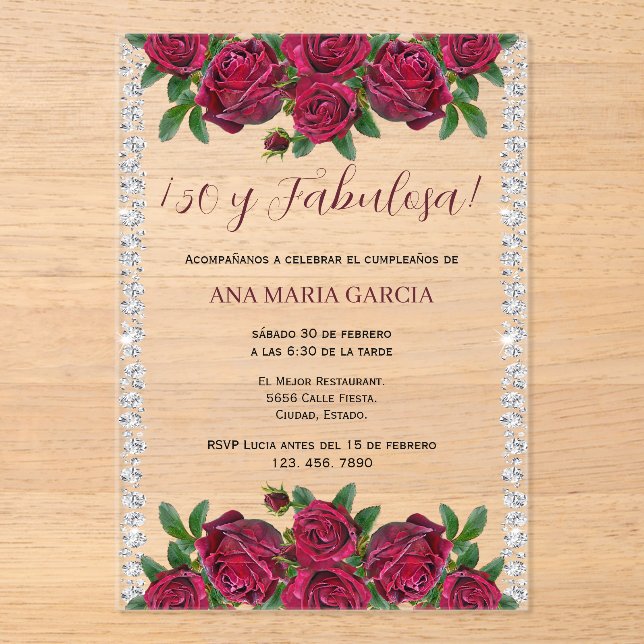Invitations En Acrylique Roses & Diamonds Feminine 50th Birthday Spanish (Recto)