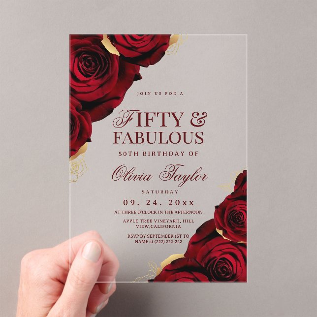 Invitations En Acrylique Roses d'or rouges 50e anniversaire (In situ (ordinateur de poche))