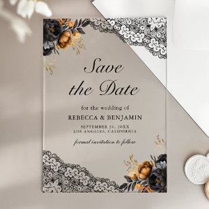 Invitations En Acrylique Roses en Lace Noir Or Mariage Gothique Enregistrez