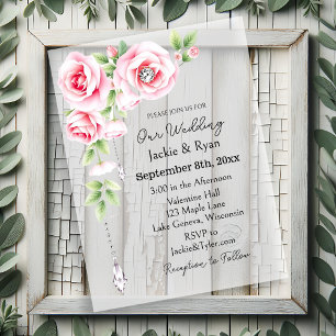 Invitations En Acrylique Roses et diamants roses et Mariage translucide