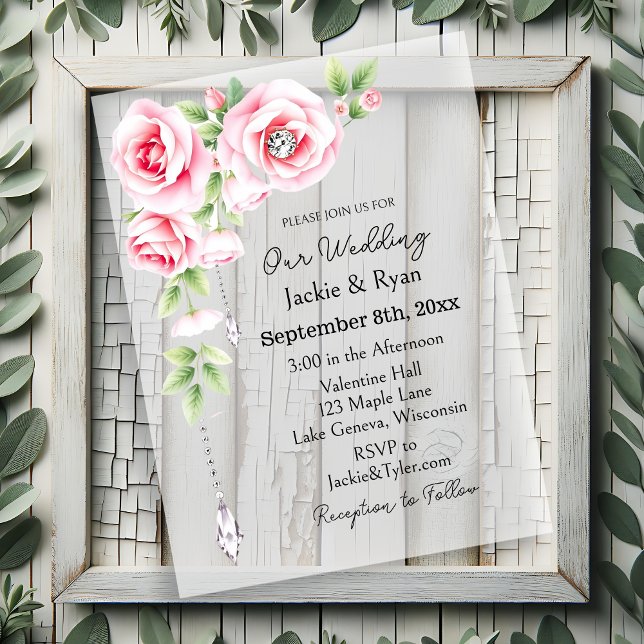 Invitations En Acrylique Roses et diamants roses et Mariage translucide (Créateur téléchargé)