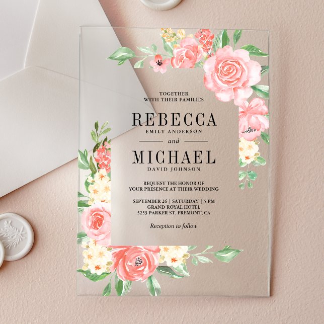 Invitations En Acrylique Roses Fleurs de mariage rose saumon (Créateur téléchargé)