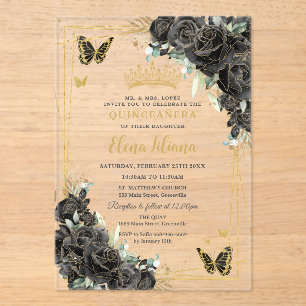 Invitations En Acrylique Roses Florales Noires Papillons Dorés Quinceanera 