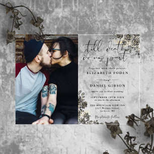 Invitations En Acrylique Roses gothiques Noir et Or Mariage photo Floral