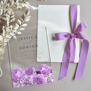 Invitations En Acrylique Roses Lavande & Élégant Mariage Argenté