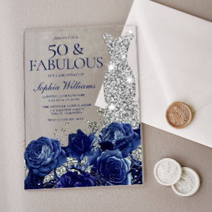 Invitations En Acrylique Roses Navy et Robe de Diamant 50e Anniversaire