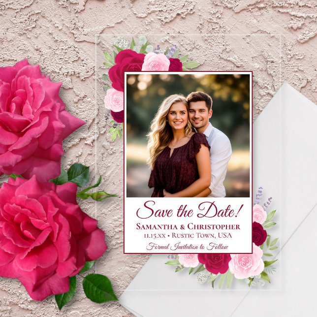 Invitations En Acrylique Roses rose magenta & Mariage photo Enregistrer la  (Clear Acrylic with Rectangle Cut)