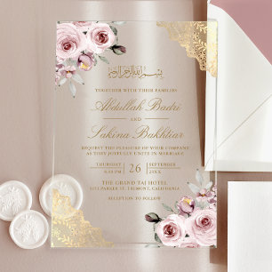 Invitations En Acrylique Roses Rose Poussiéreux Dentelle Dorée Mariage Musu