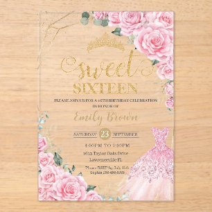 Invitations En Acrylique Roses roses florales or princesse robe douce 16