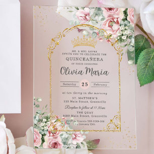 Invitations En Acrylique Roses Roses Florales Or Quinceañera Douze 16