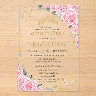 Invitations En Acrylique Roses roses florales Quinceanera Douze 16 Papillon