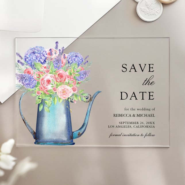 Invitations En Acrylique Roses roses Hydrangeas violettes Mariage Carte de  (Créateur téléchargé)