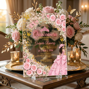 Invitations En Acrylique Roses roses occidentales papillon doré Quinceañera