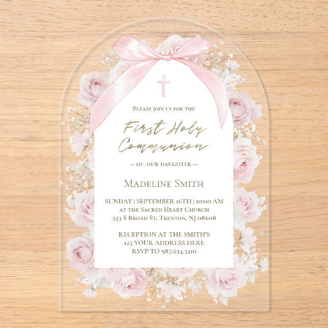 Invitations En Acrylique roses roses Première Sainte Communion (Recto)