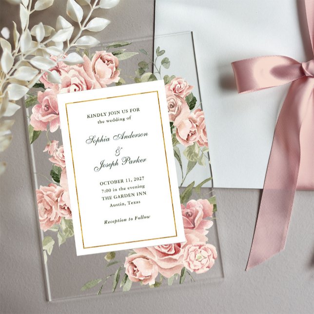 Invitations En Acrylique Roses roses romantiques et or | Mariage (Créateur téléchargé)
