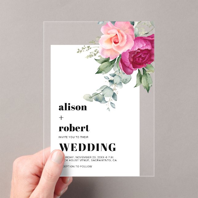 Invitations En Acrylique Roses roses roses et mariage à cadre blanc eucalyp (In situ (ordinateur de poche))