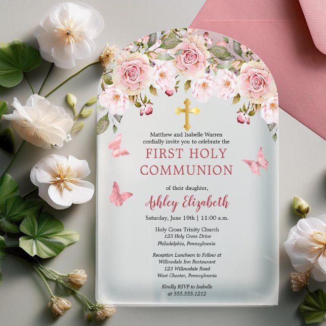 Invitations En Acrylique Roses roses roses Papillons Floral Première Sainte (Pink Roses Floral and Pink Butterflies Gold Tone Cross Arched Acrylic 1st Holy Communion Invitation)