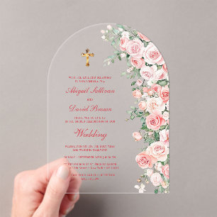 Invitations En Acrylique Roses Rouge Pêche Arches Mariage Religieux