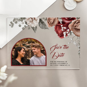 Invitations En Acrylique Roses rouges de Bourgogne Photo de mariage Carte "