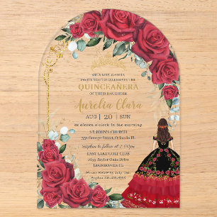 Invitations En Acrylique Roses Rouges Floral Charro Noir Quinceañera Arche