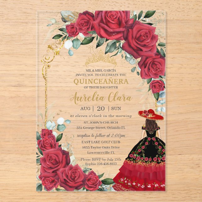 Invitations En Acrylique Roses rouges Floral Charro noir robe Quinceañera (Recto)