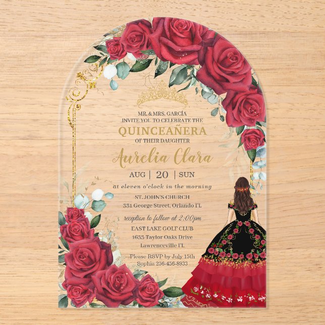 Invitations En Acrylique Roses rouges Floral Noir Charro Quinceañera Arc (Recto)