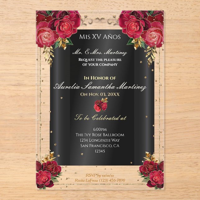 Invitations En Acrylique Roses rouges, or & Quinceañera noire (Recto)