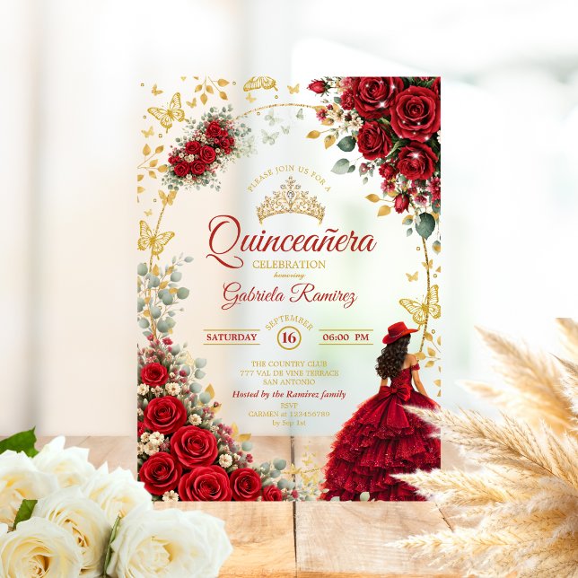 Invitations En Acrylique Roses Rouges Papillons Dorés Quinceañera (Créateur téléchargé)