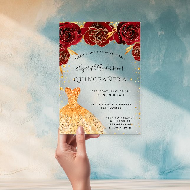 Invitations En Acrylique Roses rouges Quinceanera robe or parties scintilla (Créateur téléchargé)