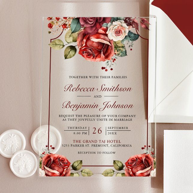 Invitations En Acrylique Roses rouges romantiques Fleurs de mariage (Créateur téléchargé)