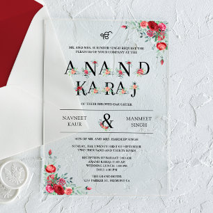 Invitations En Acrylique Roses Rouges Typographie Anand Karaj Mariage Sikh