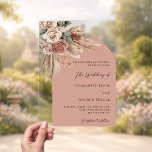 Invitations En Acrylique Roses taupe beige pampas arche clair mariage<br><div class="desc">Définissez le ton de votre jour spécial avec cette élégante invitation de mariage. Avec un fond transparent et clair, un cadre en arche de couleur rose antique, elle est magnifiquement ornée de roses discrètes aux tons terreux, de feuillage d'eucalyptus et d'herbe de pampa pour un effet naturel et romantique. Personnalisez-la...</div>
